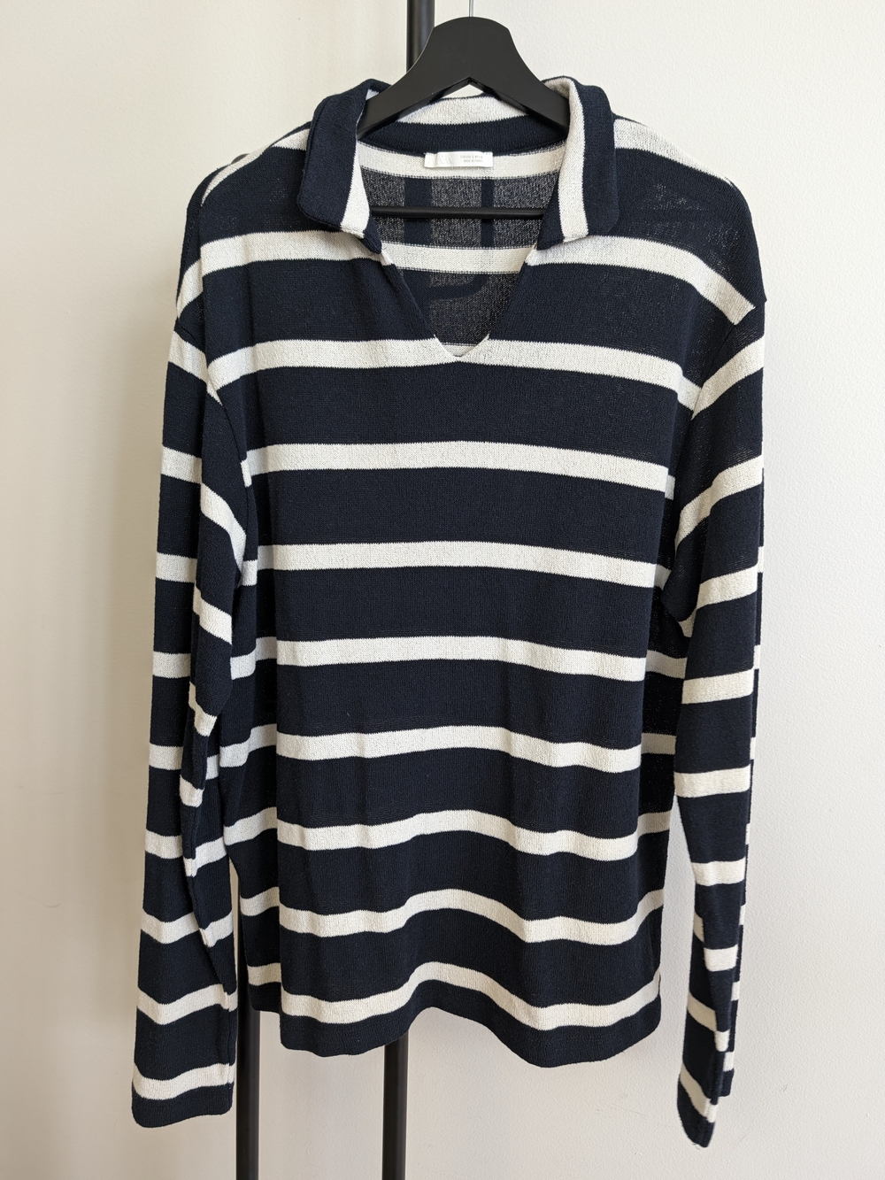Zara Navy and White Striped V-Neck Collared Sweater